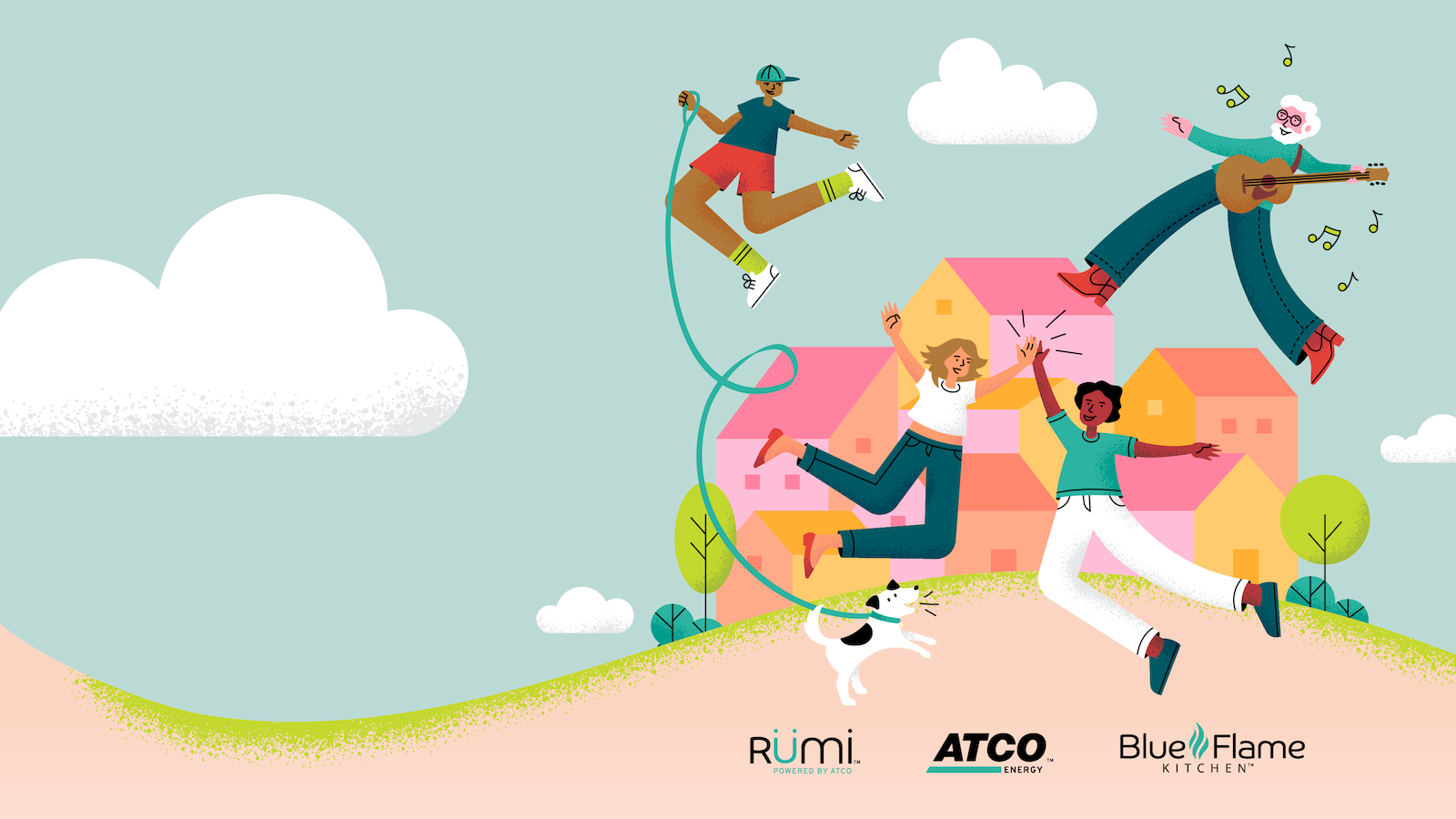 Graphic of happy Albertans jumping and celebrating in their neighbourhood. Rümi, ATCOenergy and BFK logos on bottom. 