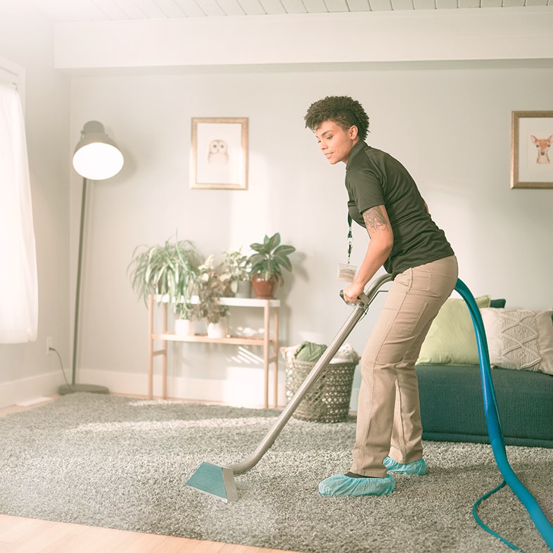 A Rümi Home Service technician uses a carpet cleaner to clean a grey rug in a tidy living room. 