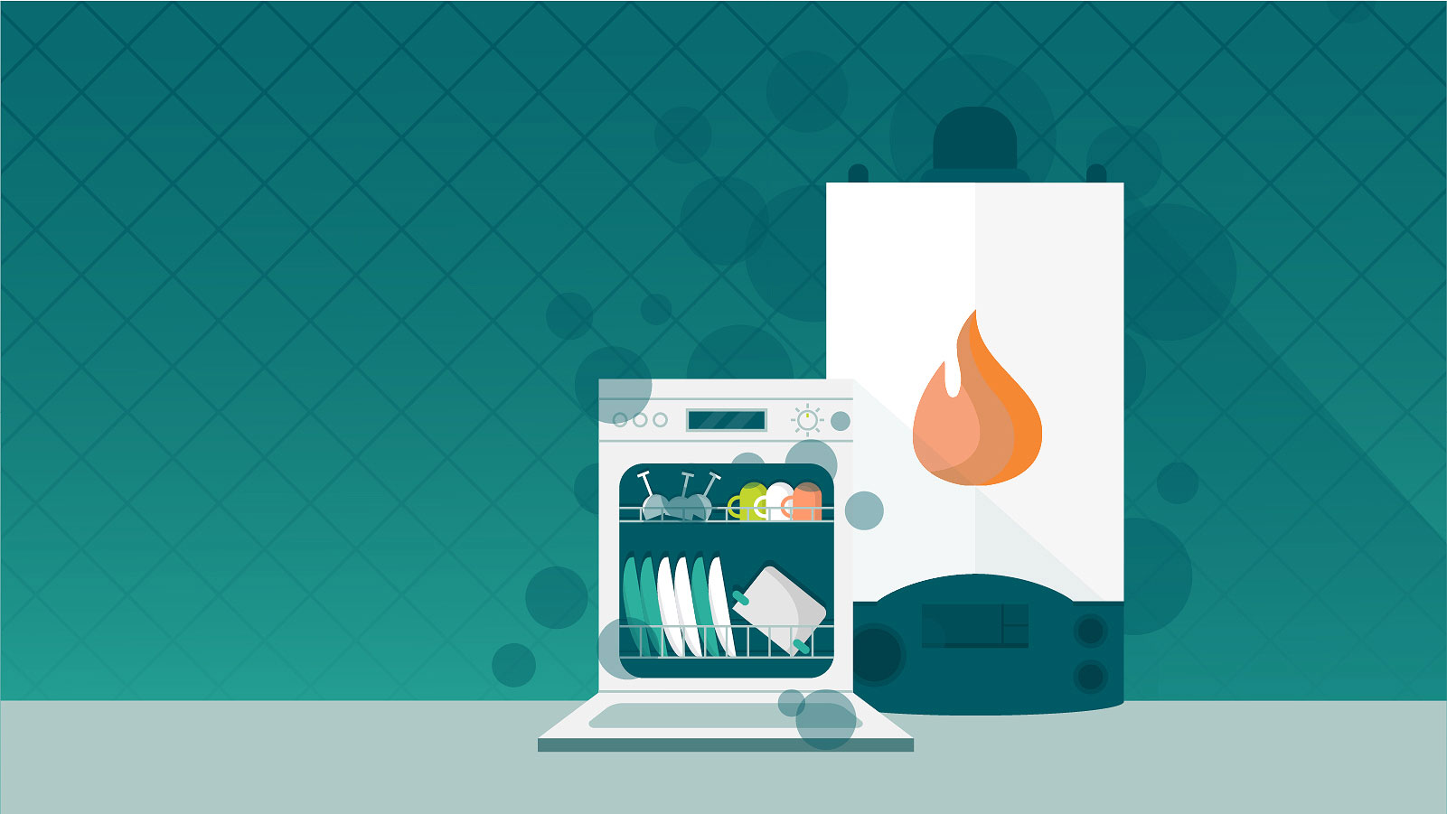 Graphic image of a furnace and dishwasher on a teal background. 